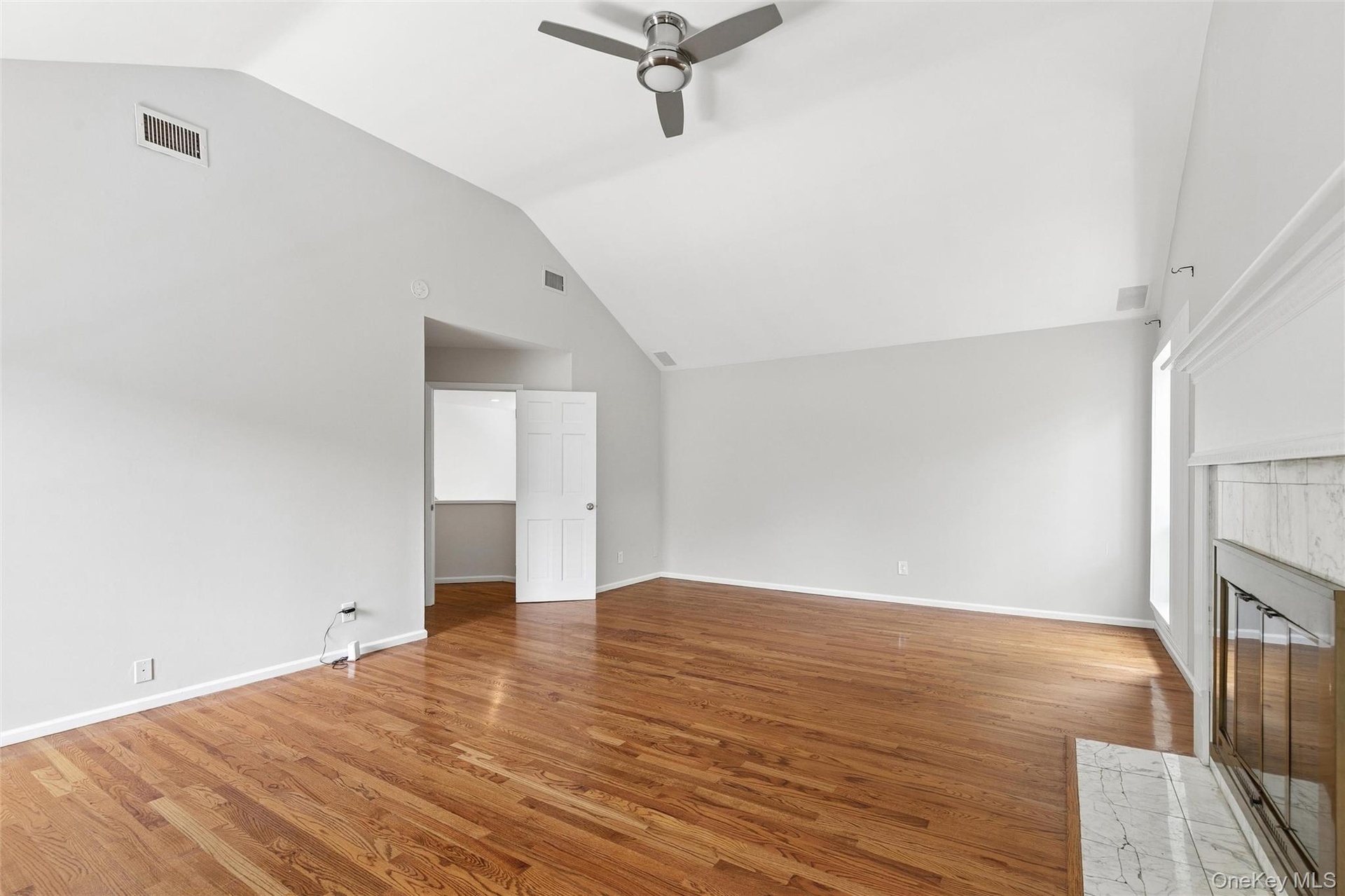Regal primary suite with two large closets, fireplace, vaulted ceilings and marble primary bath with dual sinks and jacuzzi tub