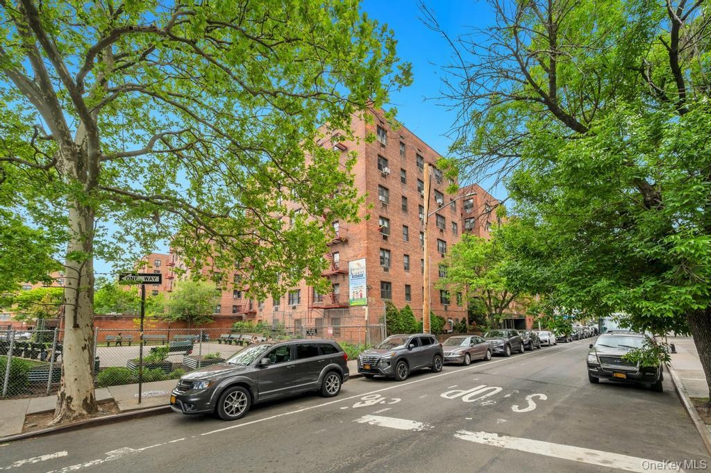 Brick multi-story residential building with multiple windows, featuring mature trees and street parking