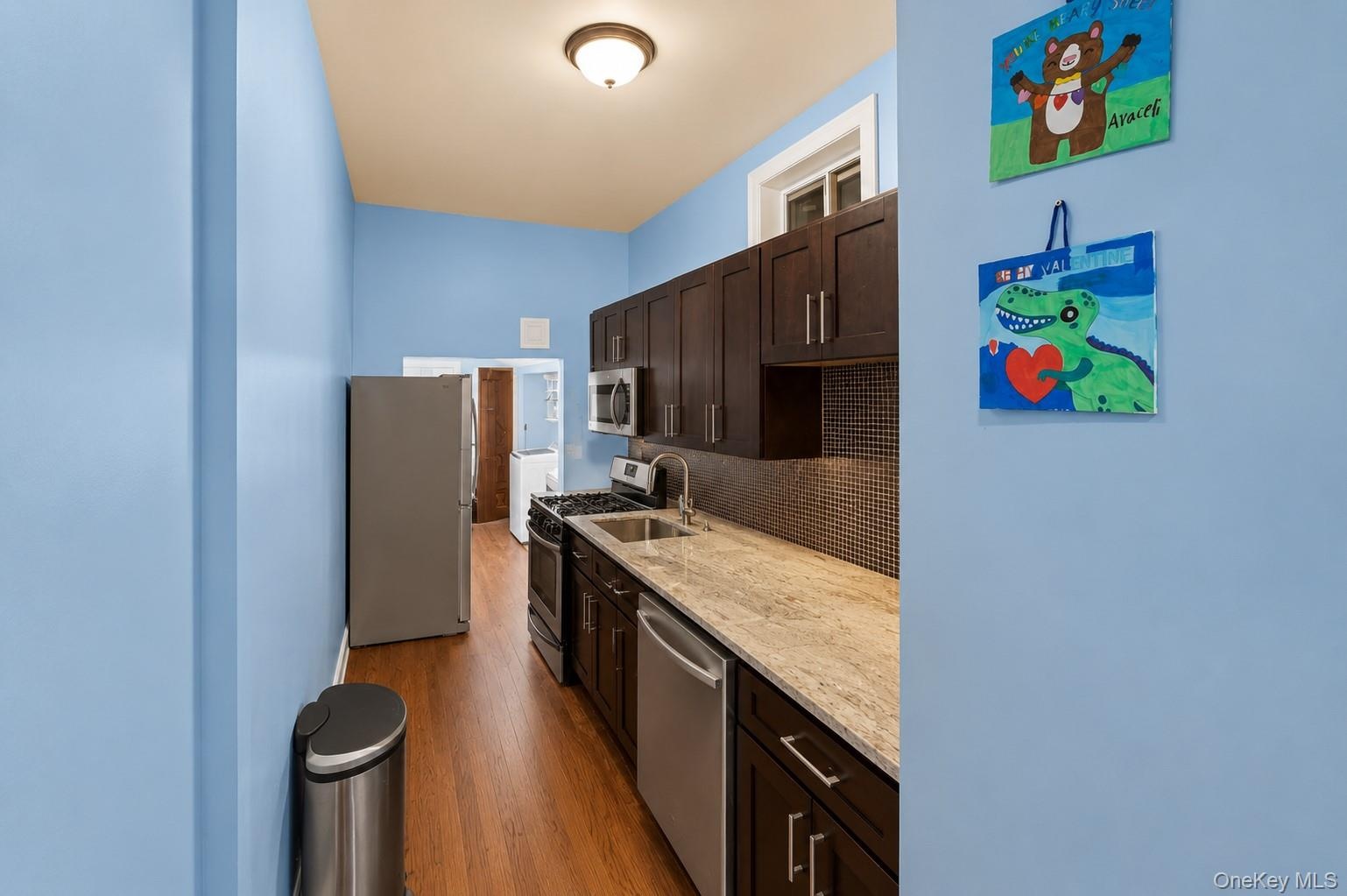 Galley kitchen featuring wood-finish flooring, dark wood cabinetry, and stainless steel appliances