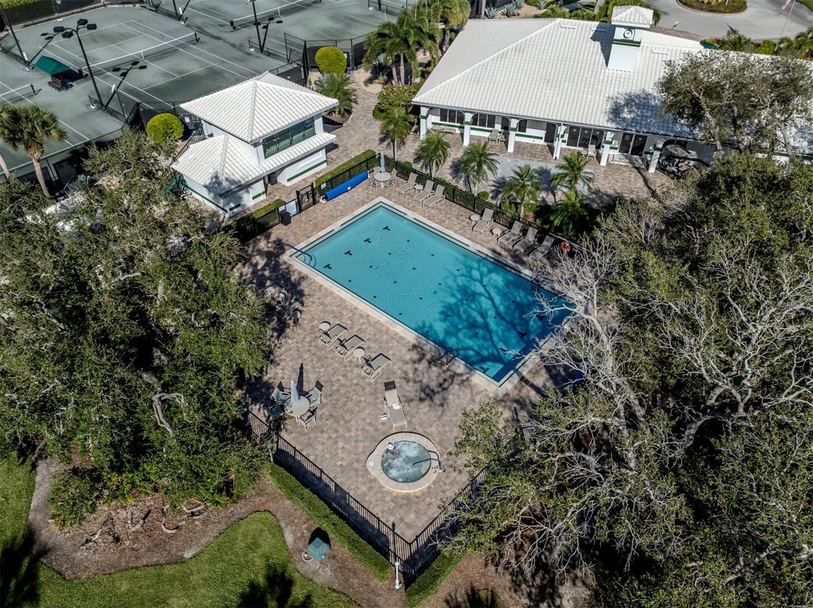 The Waterford Sports Club pool is junior olympic sized and includes a heated spa with plenty of seating for everyone