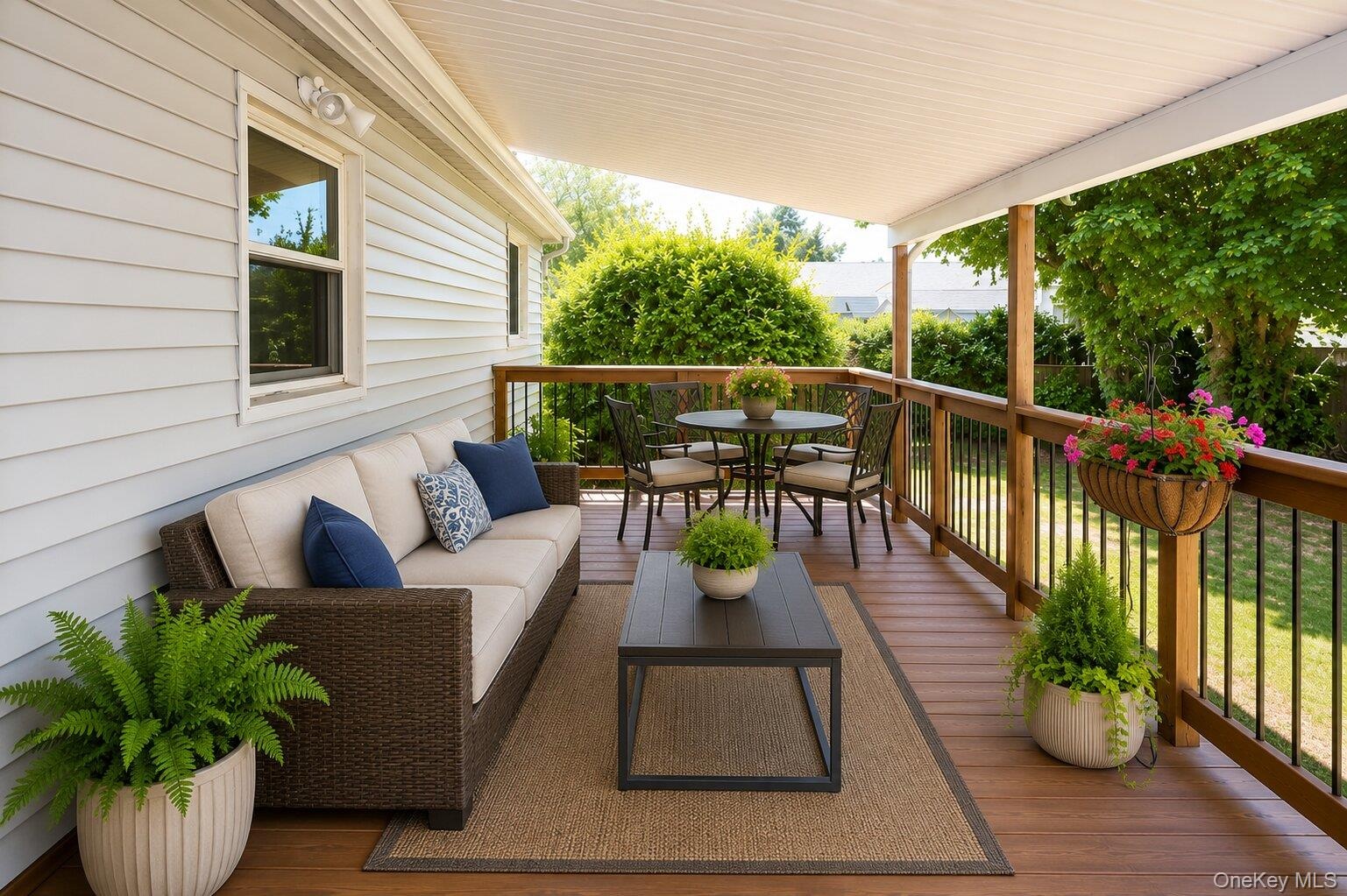 Covered deck featuring wood-finish flooring, wood railings with black balusters, and a white paneled ceiling