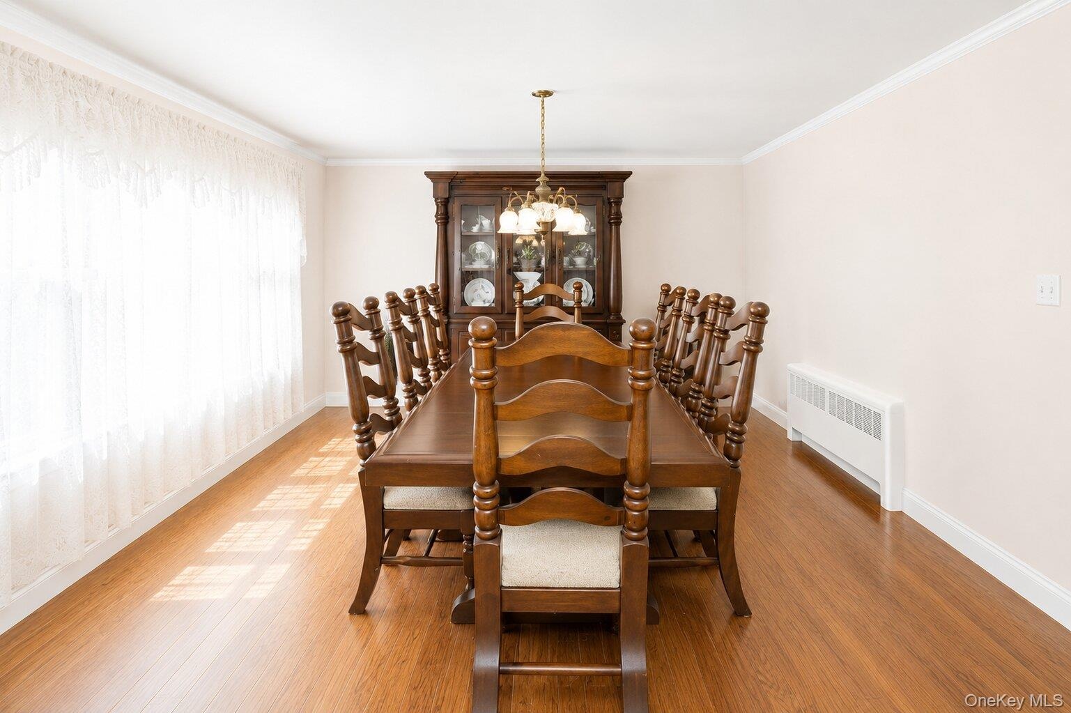 Spacious room featuring wood-finish flooring and crown molding