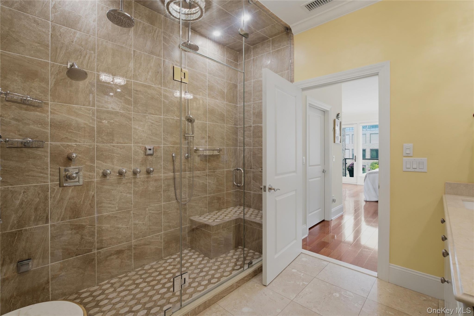 Luxurious primary bath featuring a spacious spa-inspired shower with sleek modern finishes