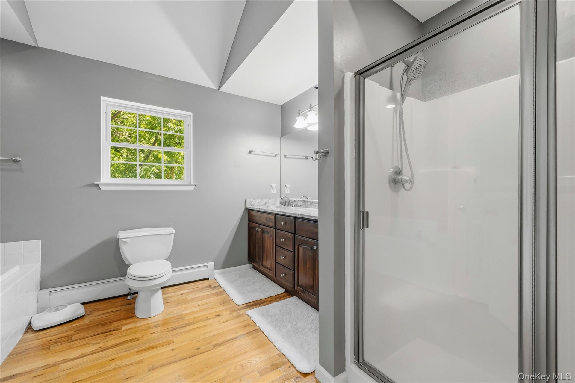 Master bath with stand up shower and double vanities.