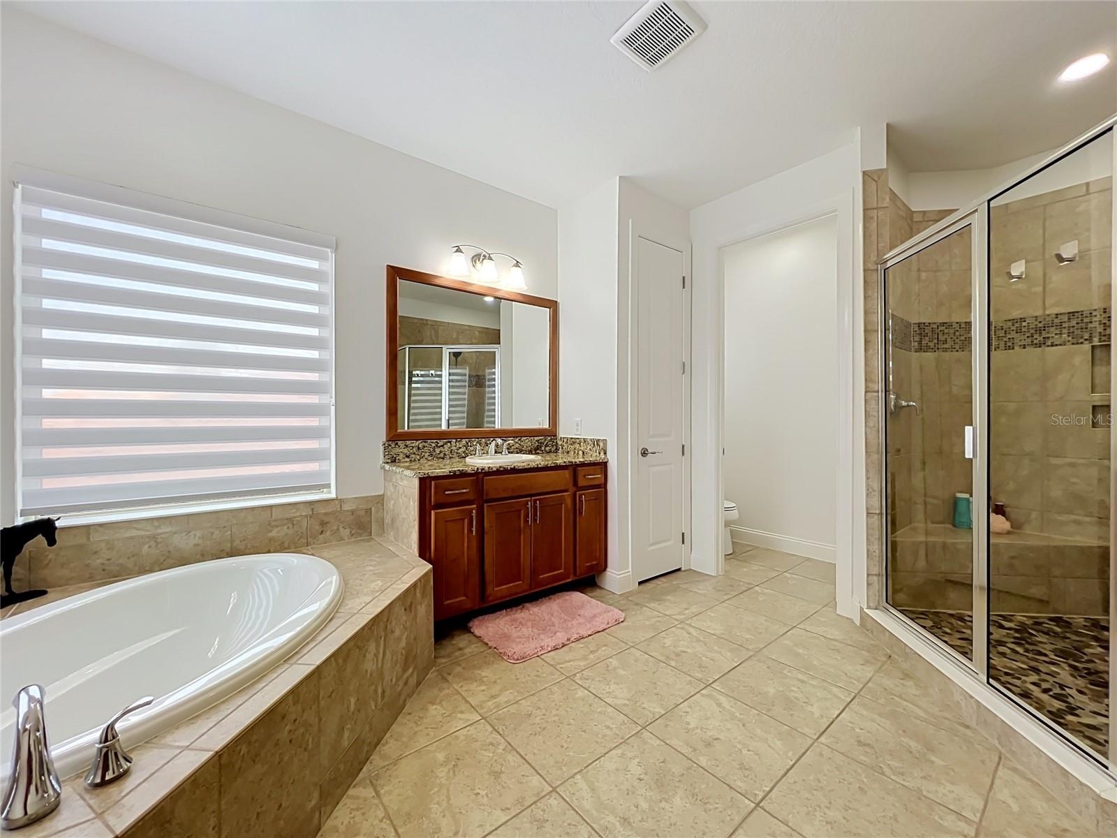 Dual vanities , step in show, soaking tub and separate water closet