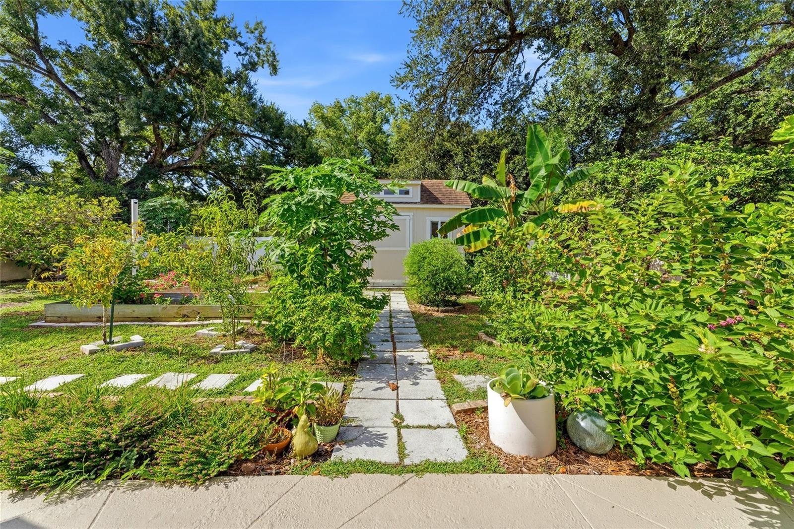 looking from concrete patio to small outbuilding
