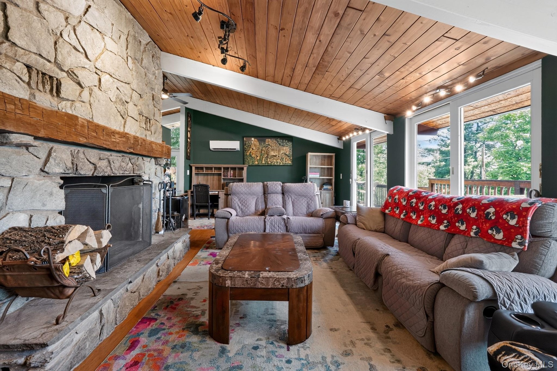 Vaulted wood-finish ceiling with track lighting