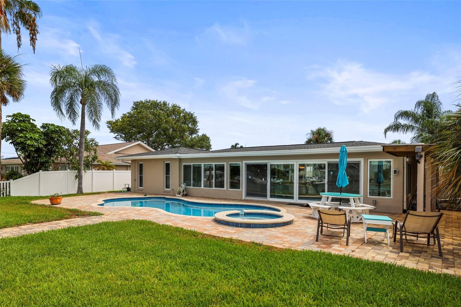 Backyard facing the pool and patio.