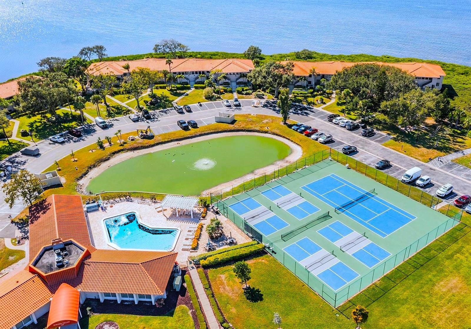 Aerial of Clubhouse, Pool, Pickleball and Tennis Courts
