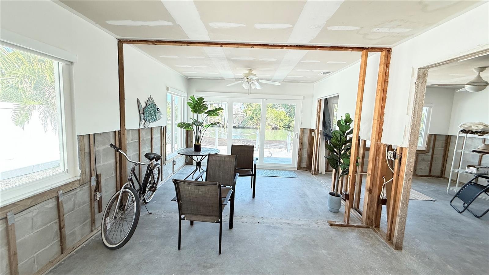 Living area looking toward canal with bedrooms off to the right
