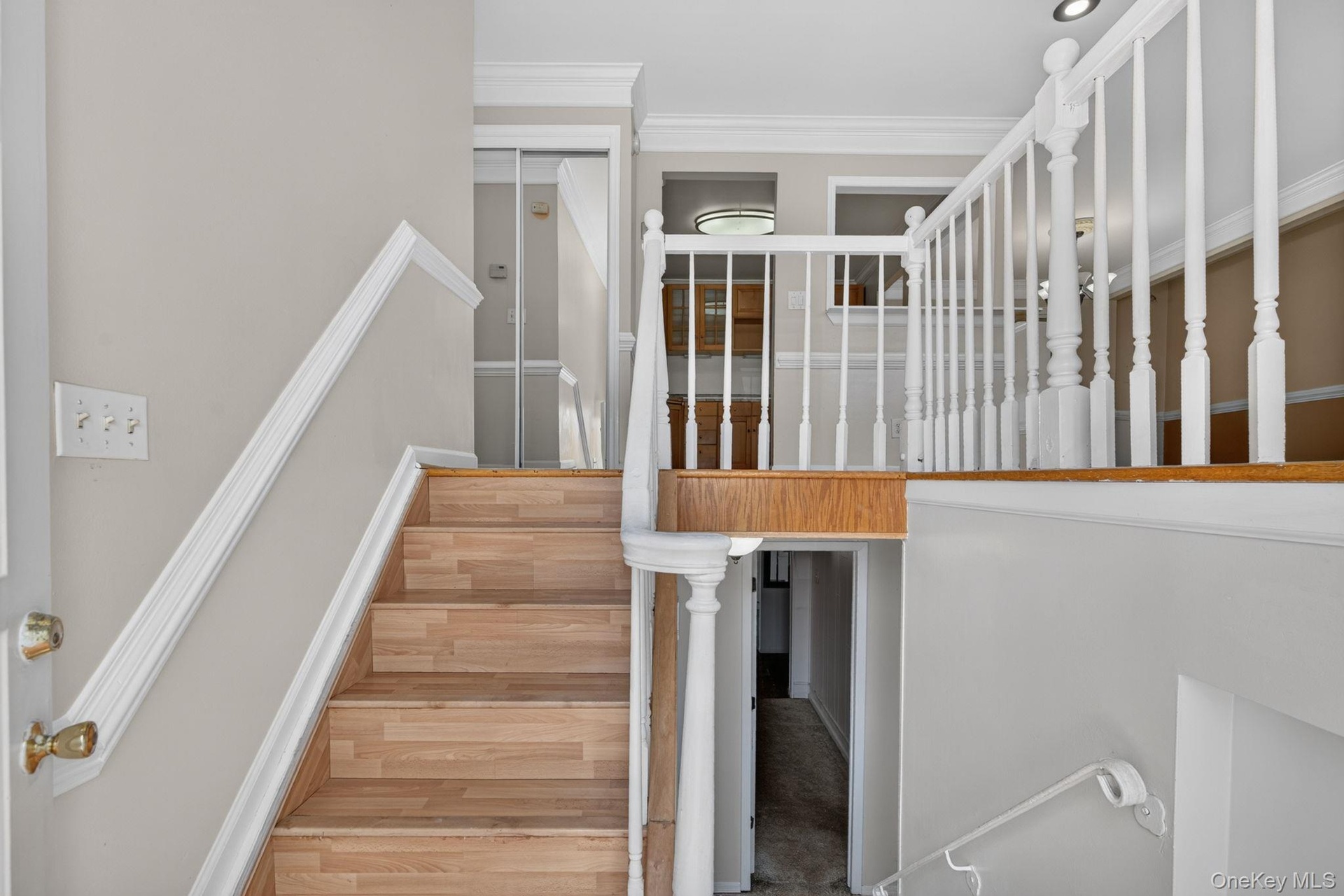 Split-level entry with wood-finish stairs, white baluster railing, and white crown molding