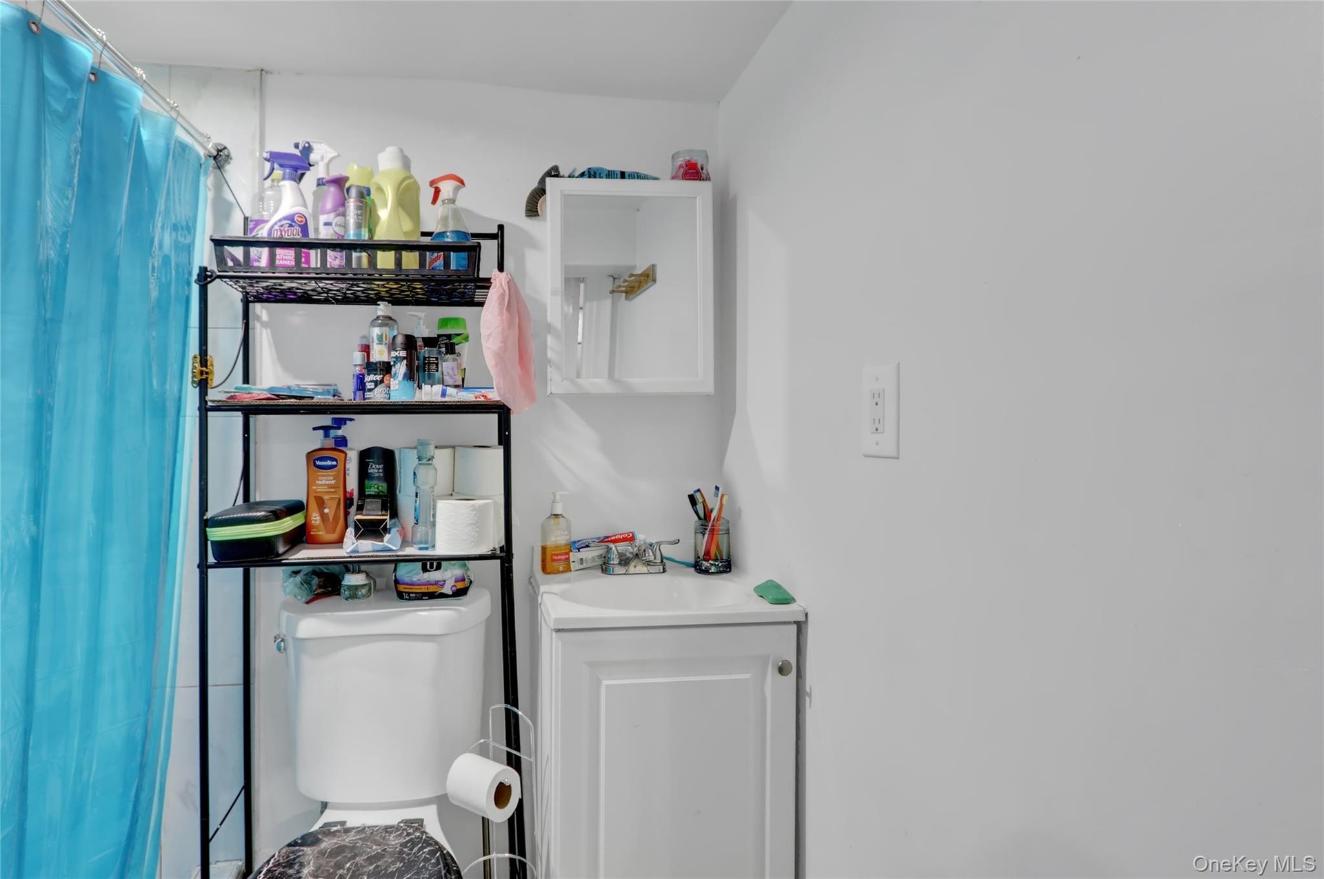 Bathroom featuring a white toilet, a white vanity with a sink, and a wall-mounted white cabinet
