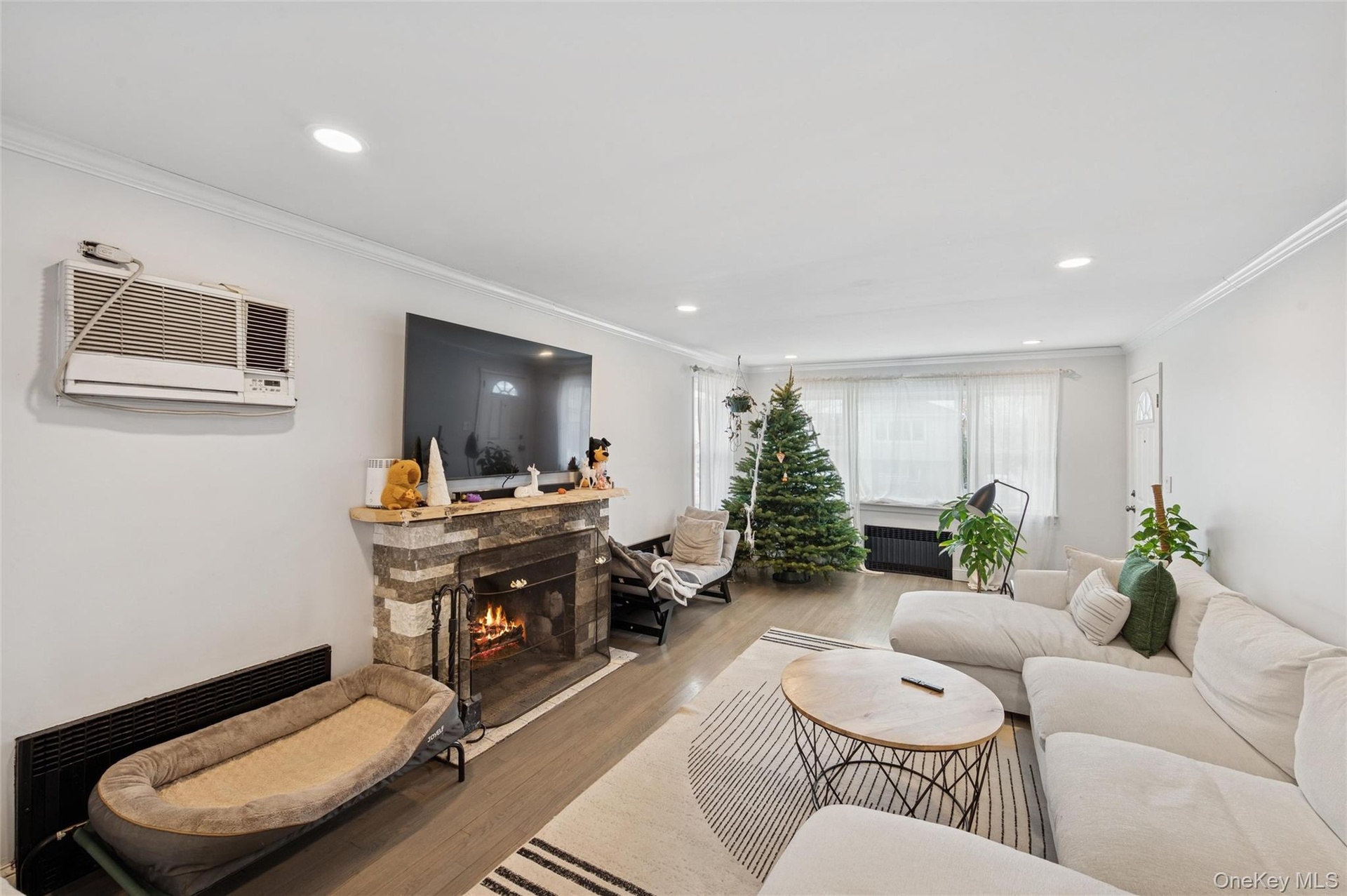 Living area featuring a fireplace, ornamental molding, wood finished floors, a wall mounted air conditioner, and recessed lighting
