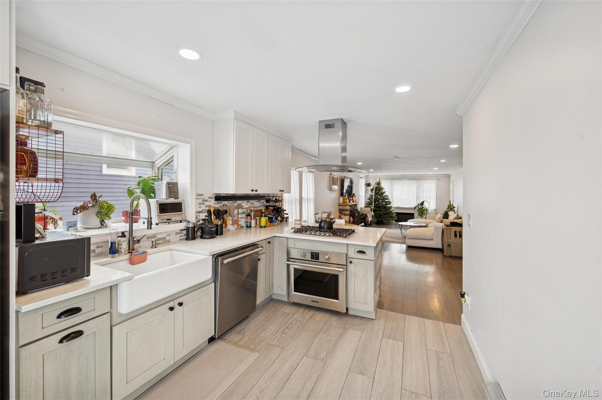Kitchen with open floor plan, stainless steel appliances, crown molding, healthy amount of natural light, and light wood-style floors