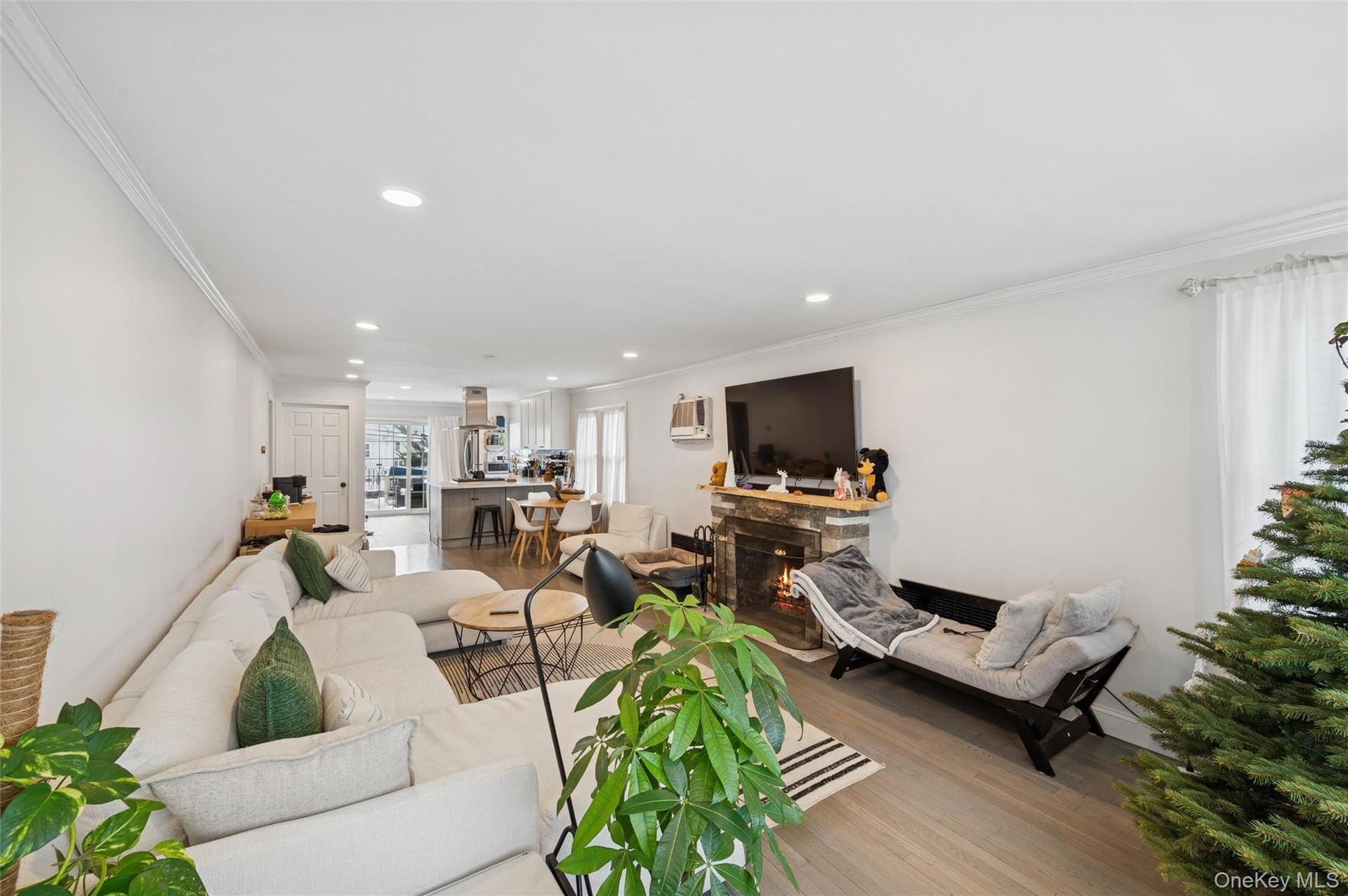 Living room featuring crown molding, recessed lighting, a fireplace, and wood finished floors
