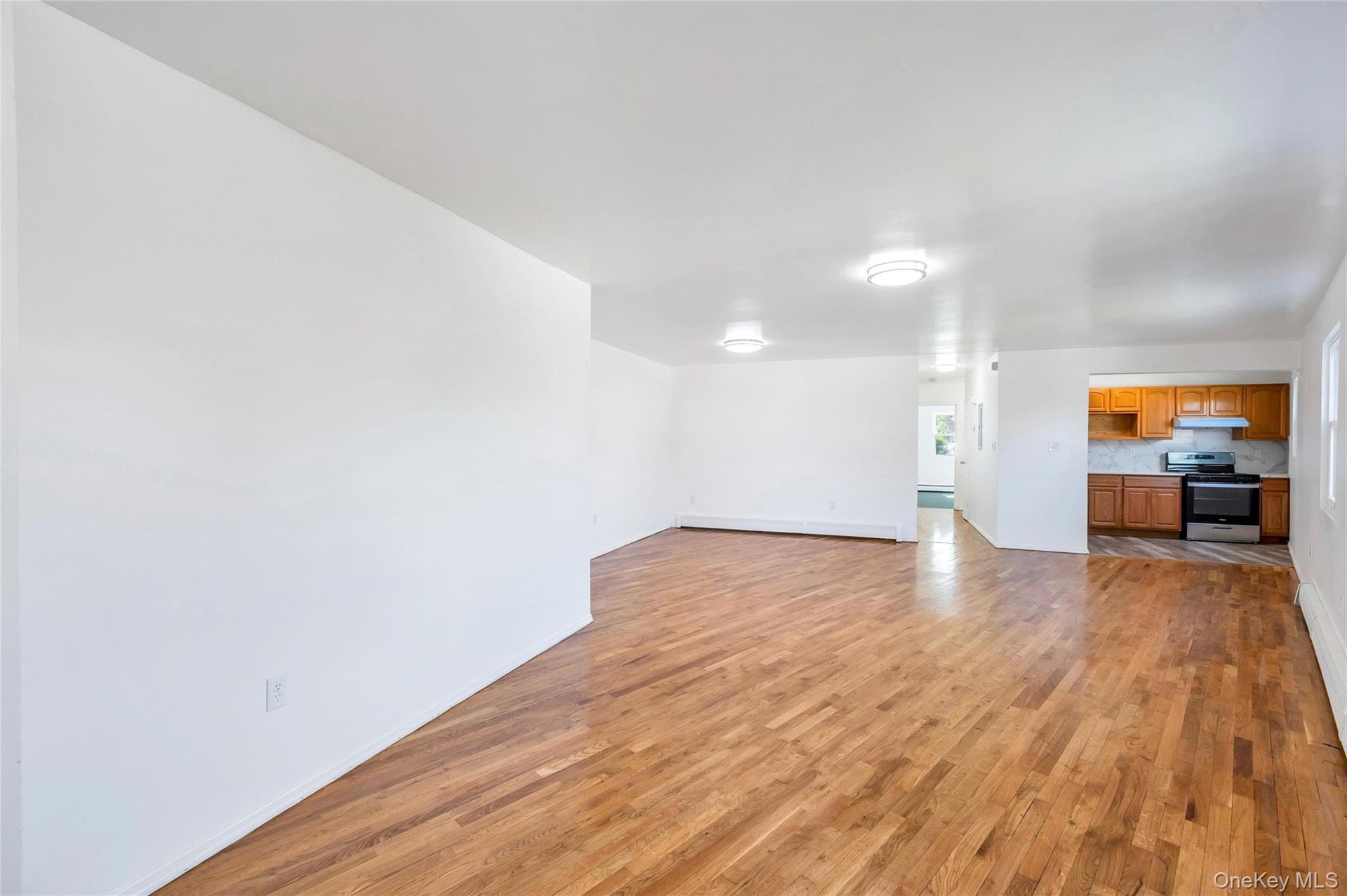 Spacious room featuring wood-finish flooring, white walls, and flush-mount ceiling lighting