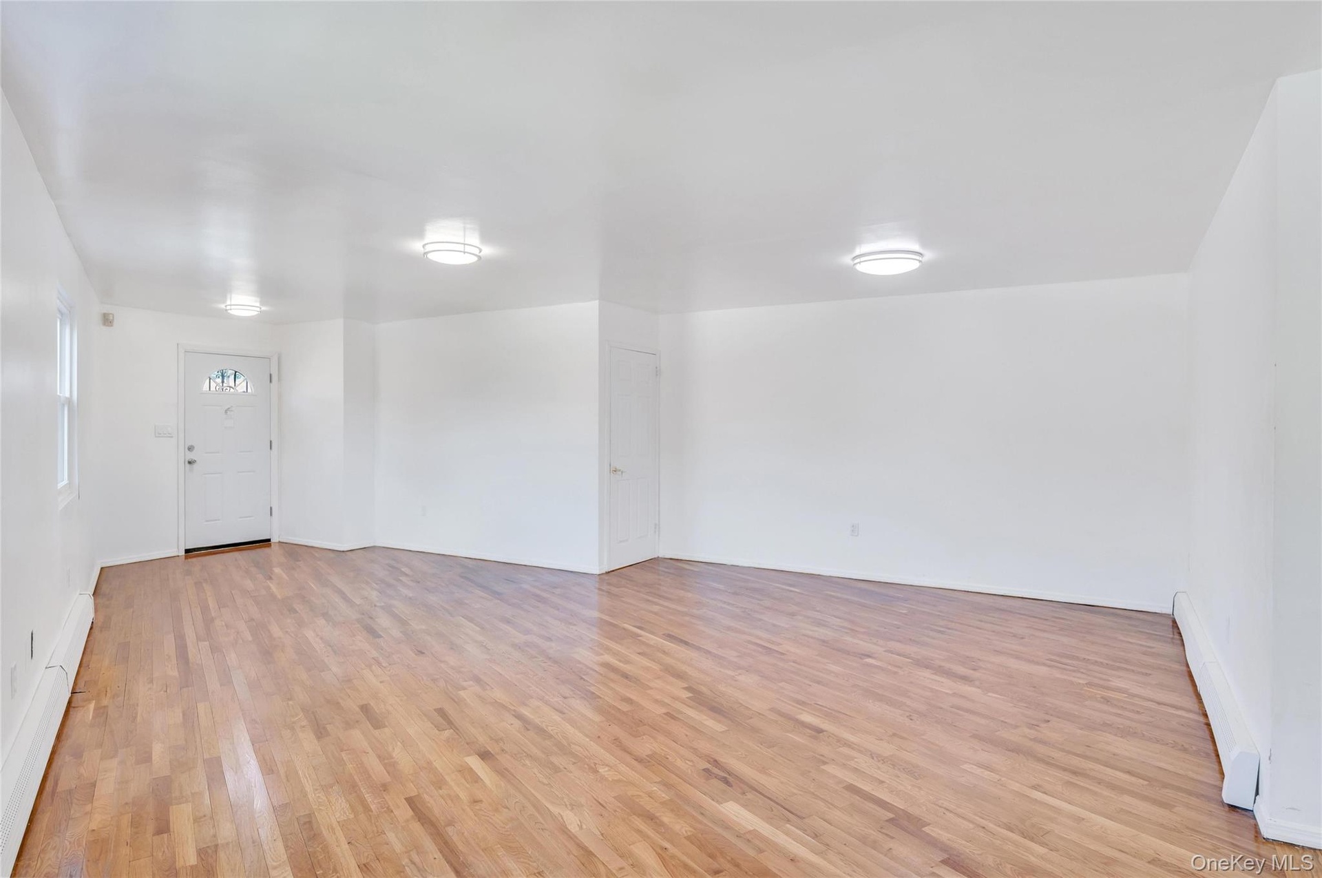 Spacious room featuring wood-finish flooring, white walls, and contemporary flush-mount lighting fixtures