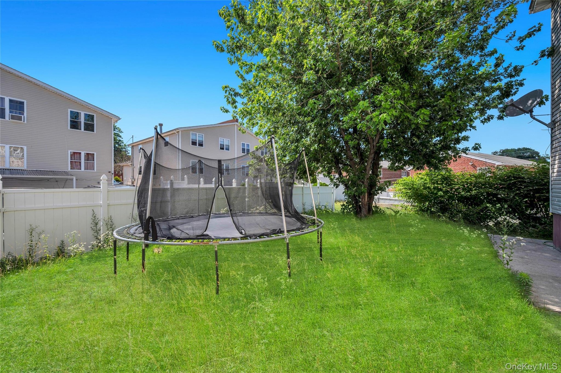 Expansive green lawn with a mature tree providing natural shade