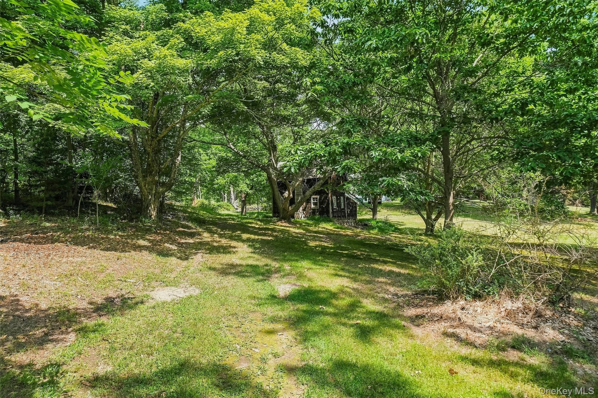 An outbuilding graces the yard
