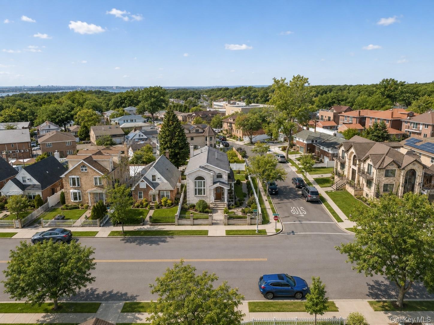 Residential street with mature trees and a distant body of water