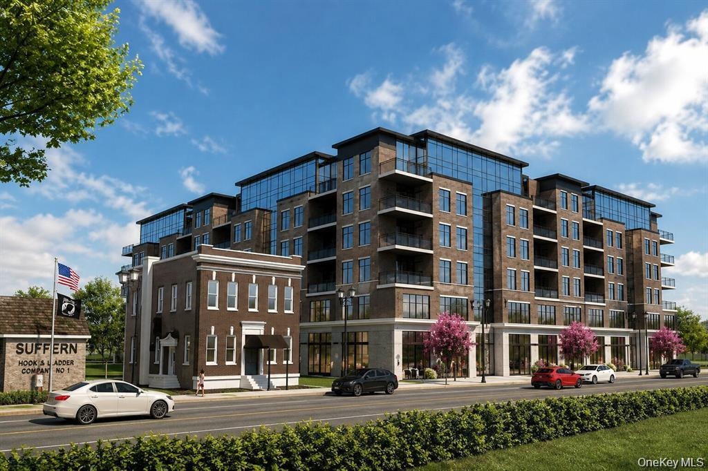 Rendering Contemporarymulti-story building featuringextensive glazing, privatebalconies, and a brick facade