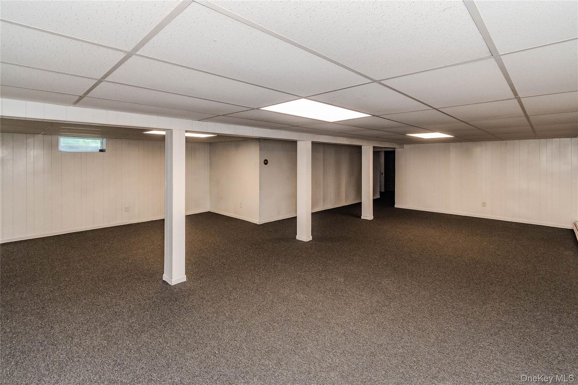 Expansive finished basement featuring carpet flooring, white paneled walls, and a drop ceiling with integrated lighting