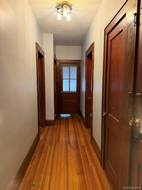 Hardwood flooring extends throughout this interior hallway, complemented by dark wood trim and doors.Apt. #1