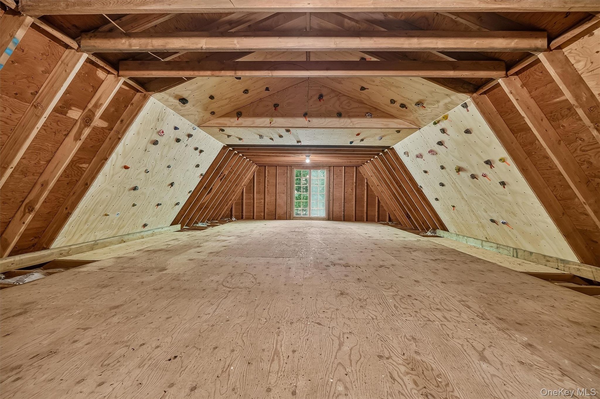 Exposed wood beam ceiling with wood framing, window with exterior landscape, and built-in climbing wall and ceiling.  Core training at it's best!