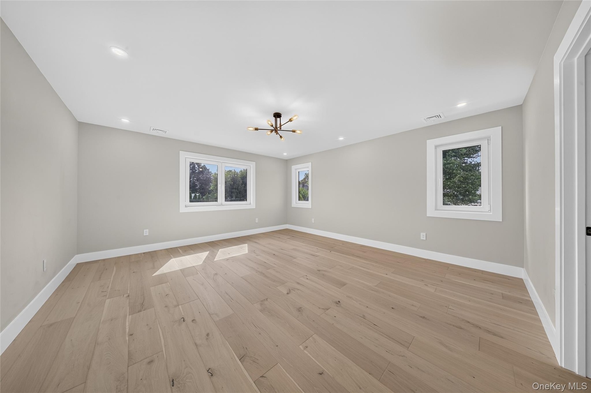 Spacious room with light wood-finish flooring, recessed lighting, and a modern ceiling fixture