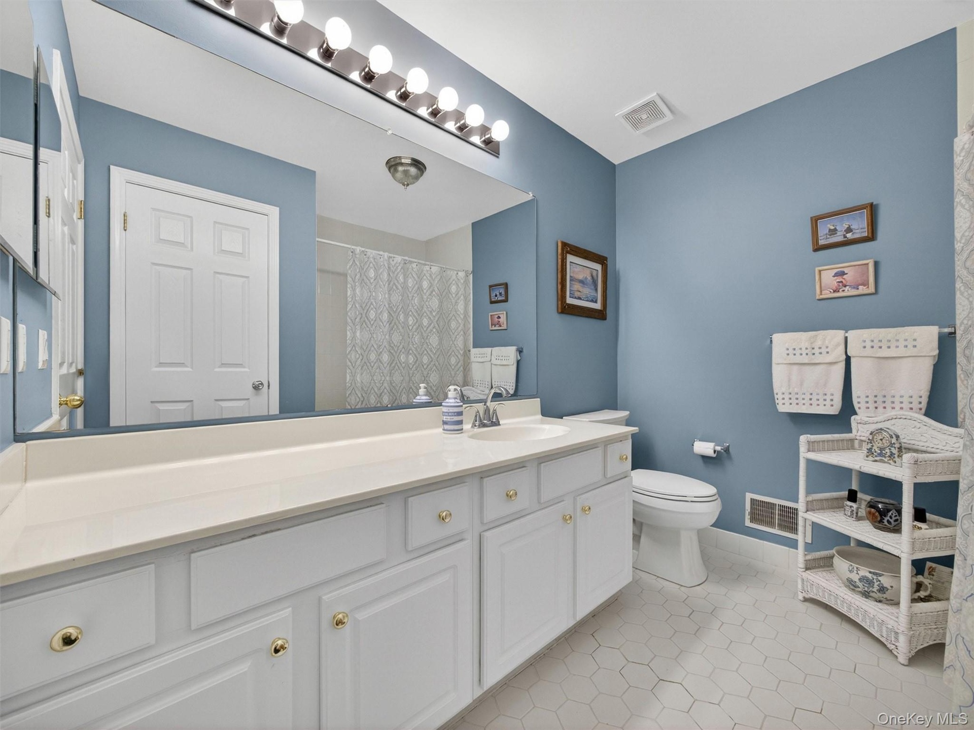 Bedroom level hall bathroom with shower over tub.