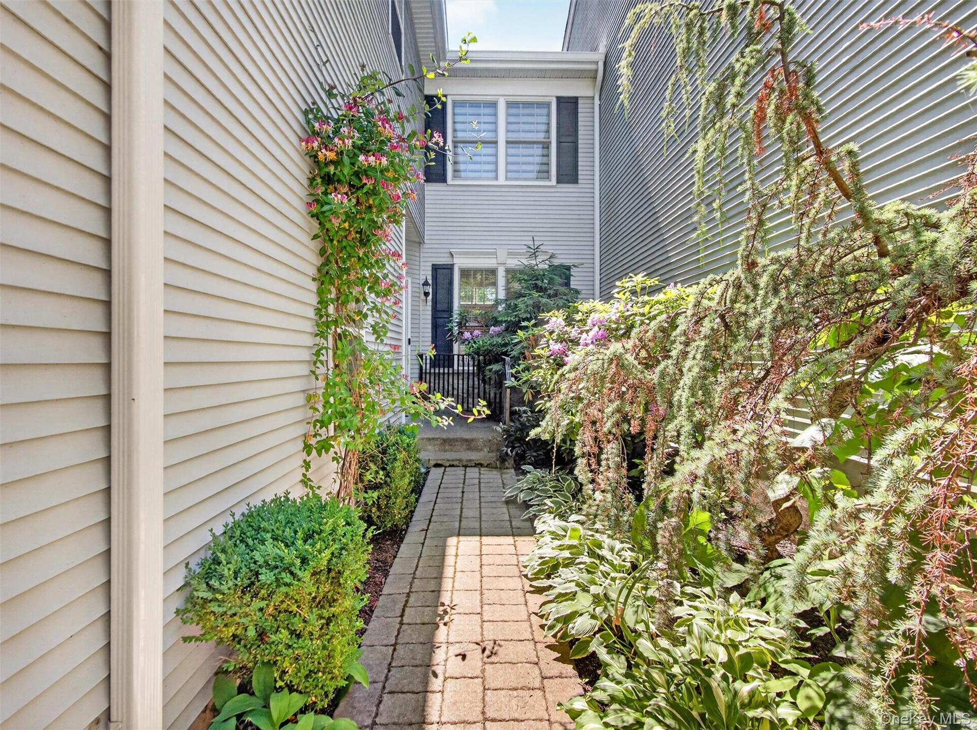 Cobblestone path from cul-de-sac, mature professional landscaping.