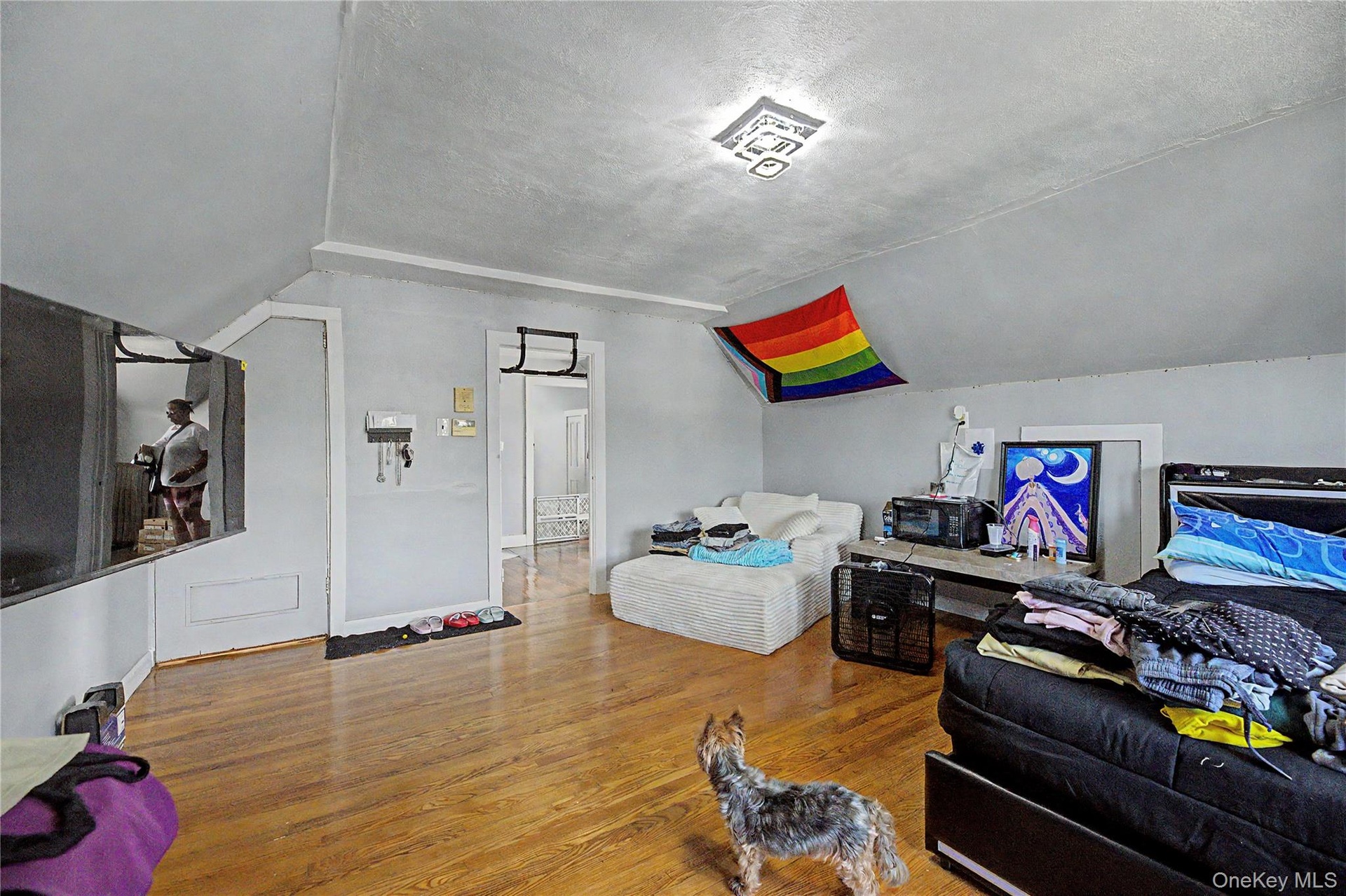 Sloped ceiling room featuring wood-finish flooring, a double window, and a flush-mount light fixture