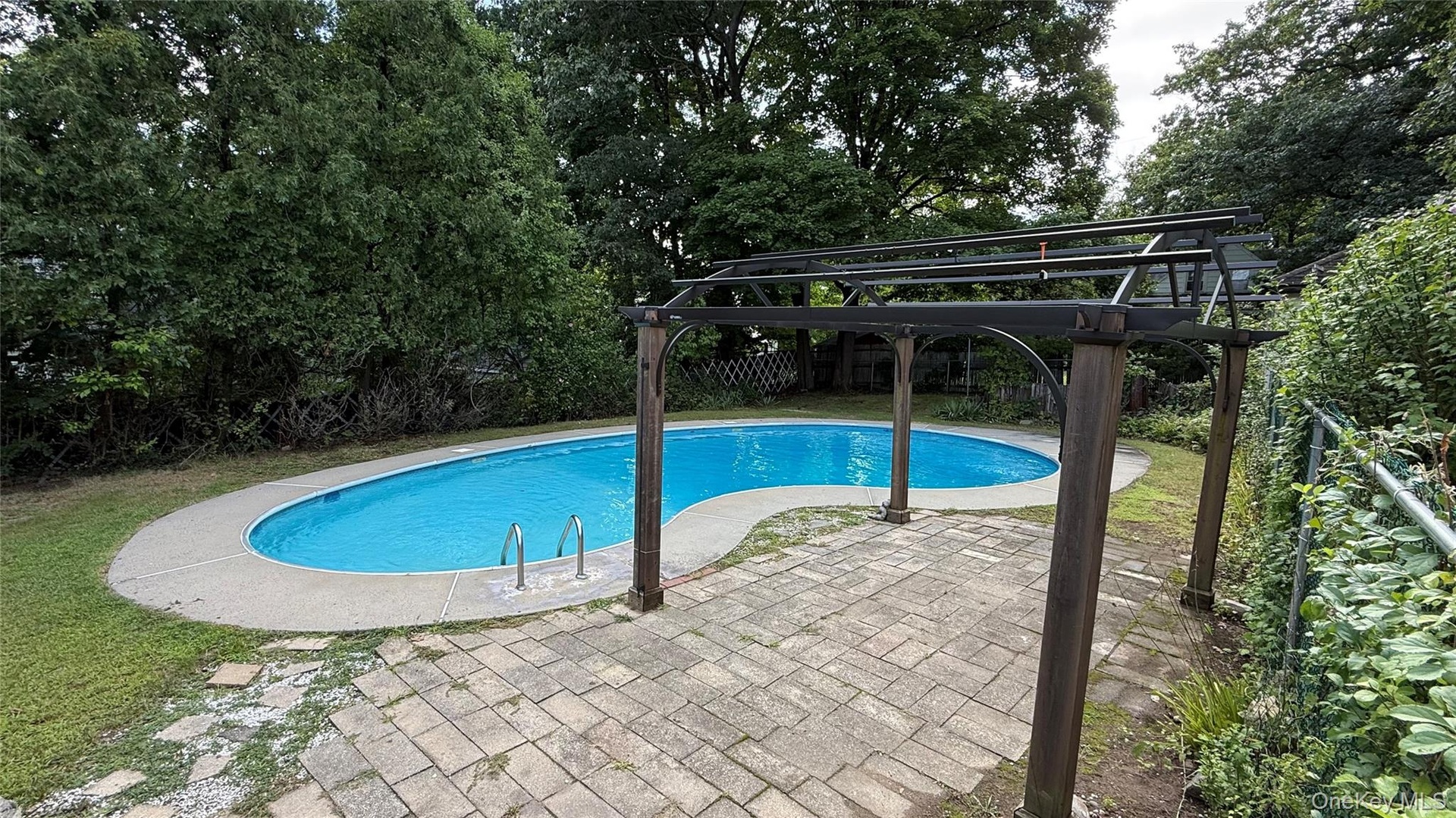 Oval-shaped swimming pool with concrete surround