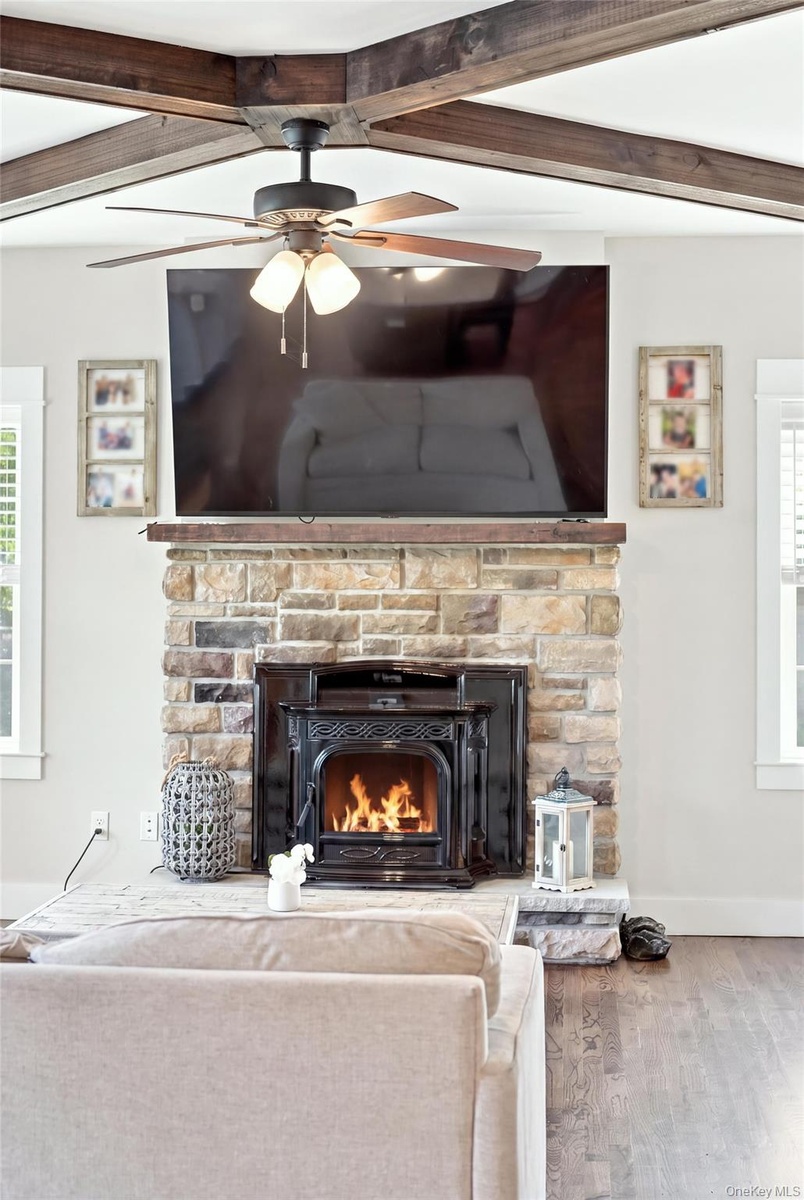 Pellet stove fireplace for the cooler months.