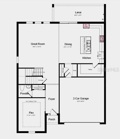 First Floor Plan - Additional Highlights Include: tray ceiling package, 8' interior doors, stair railing with metal spindles, outdoor kitchen rough-in