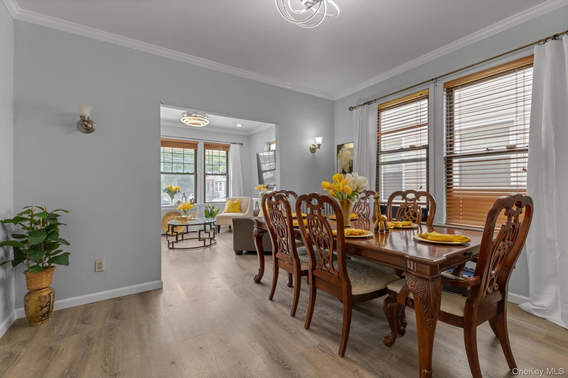 Wood-finish flooring throughout the space.