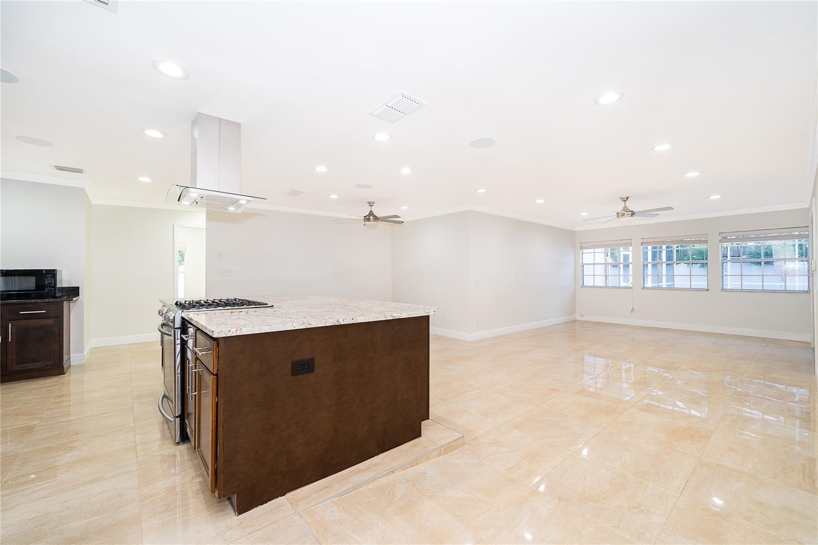 No step down. Open Concept: Kitchen, Dining, and Living Room areas.