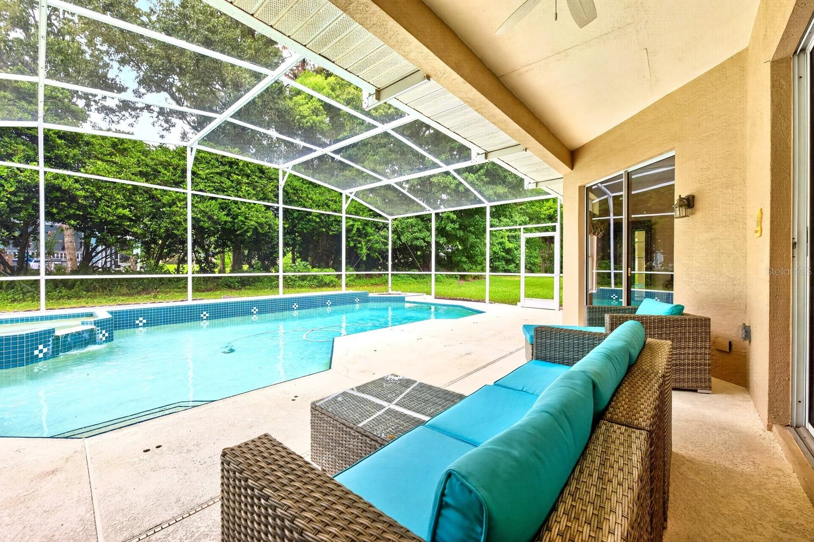 Step through the sliders into your own PRIVATE OUTDOOR OASIS where a screened lanai, IN-GROUND POOL, SPA and PATIO AREA create the perfect setting for