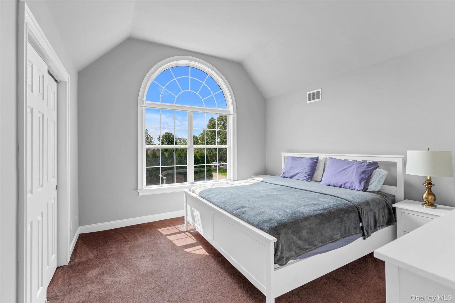 Arched window with gridded panes, high vaulted ceiling, light gray wall paint,, and a paneled closet door