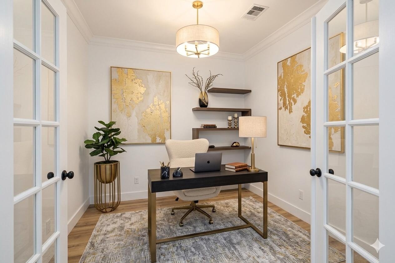 Office with staged furniture for perspective.