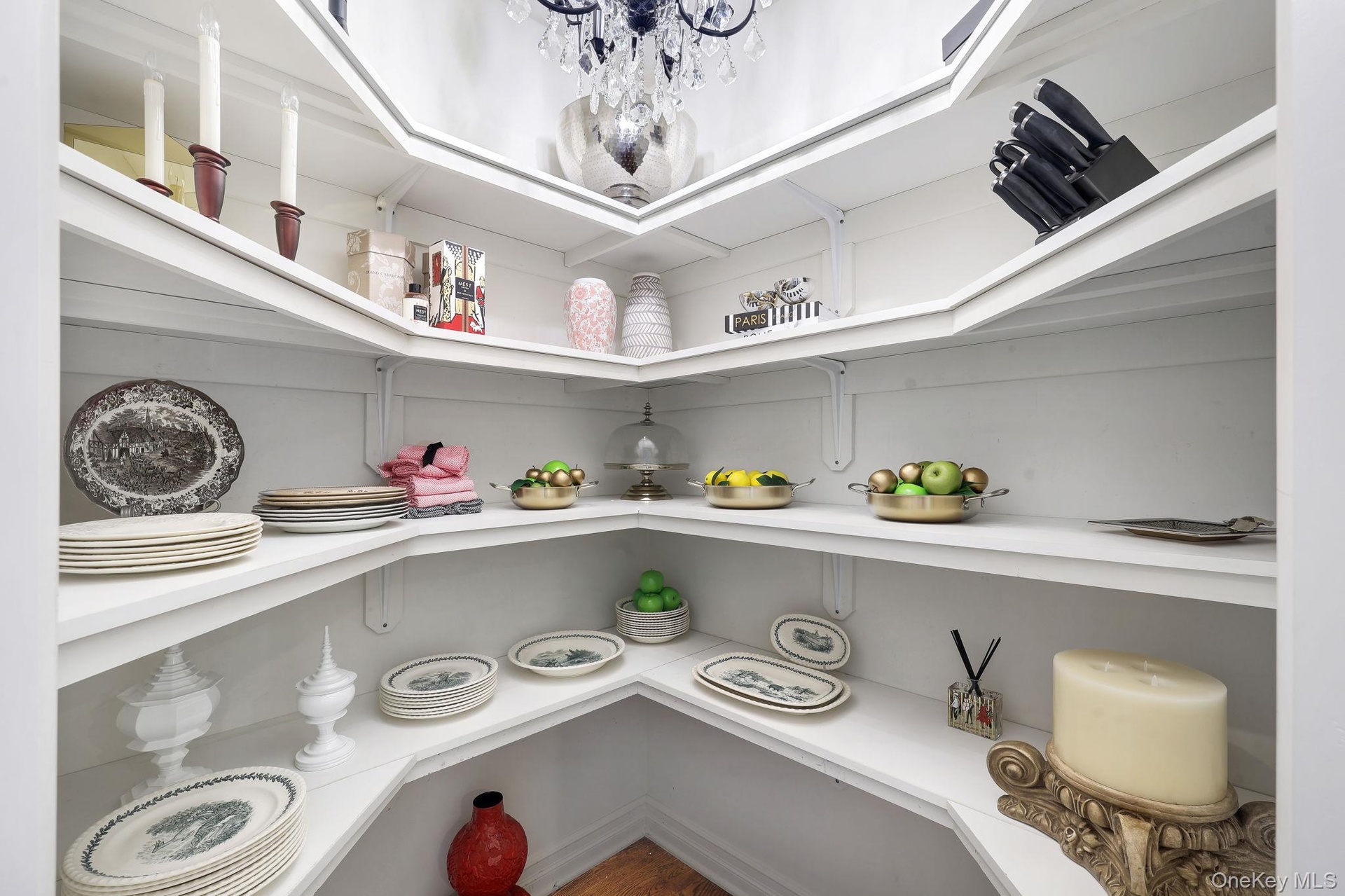 Very large built-in pantry closet with lots of  shelving with white finishes