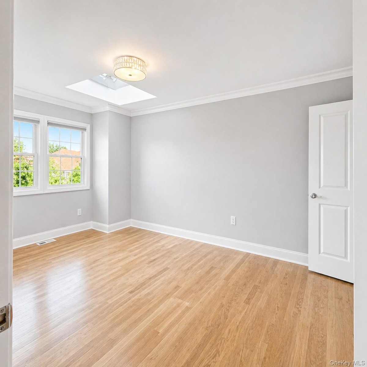 Primary Bedroom with a Large Walk in Closet, Skylight, Wood Flooring, and Crown Molding