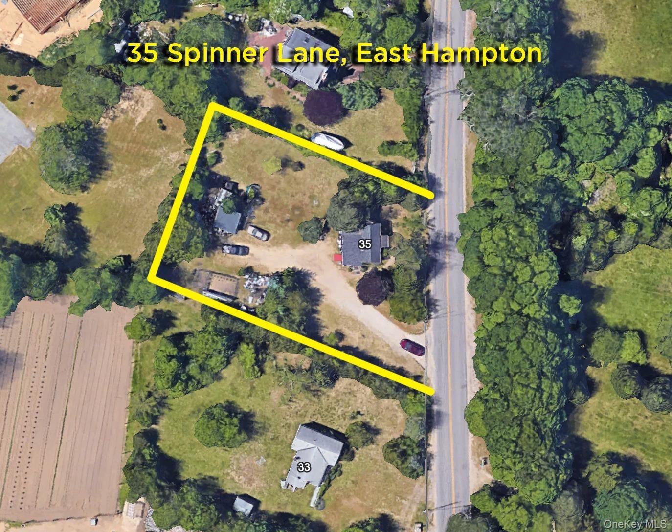 Aerial Property Map. Depicting the property at 35 Spinner Lane, East Hampton, with its boundaries highlighted