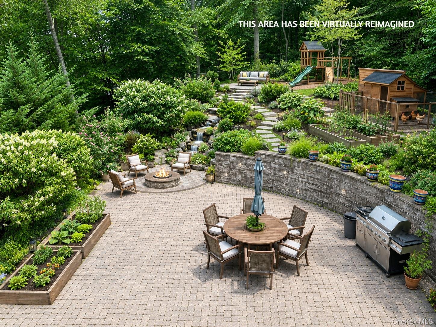 Virtually reimagined yard with firepit, play area and chicken coop