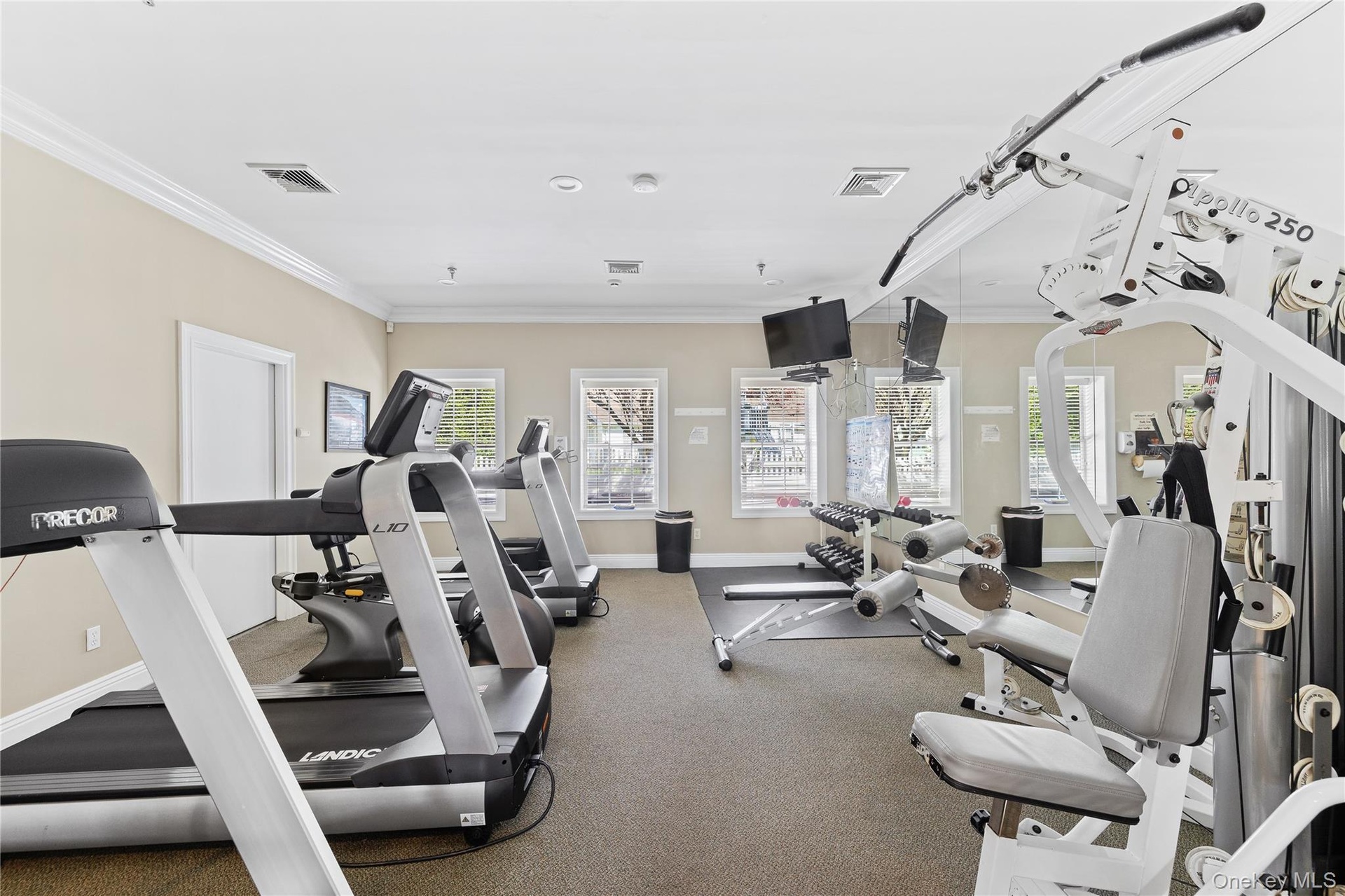 Fitness center featuring multiple treadmills, strength training equipment, mirrored wall, recessed lighting, and crown molding