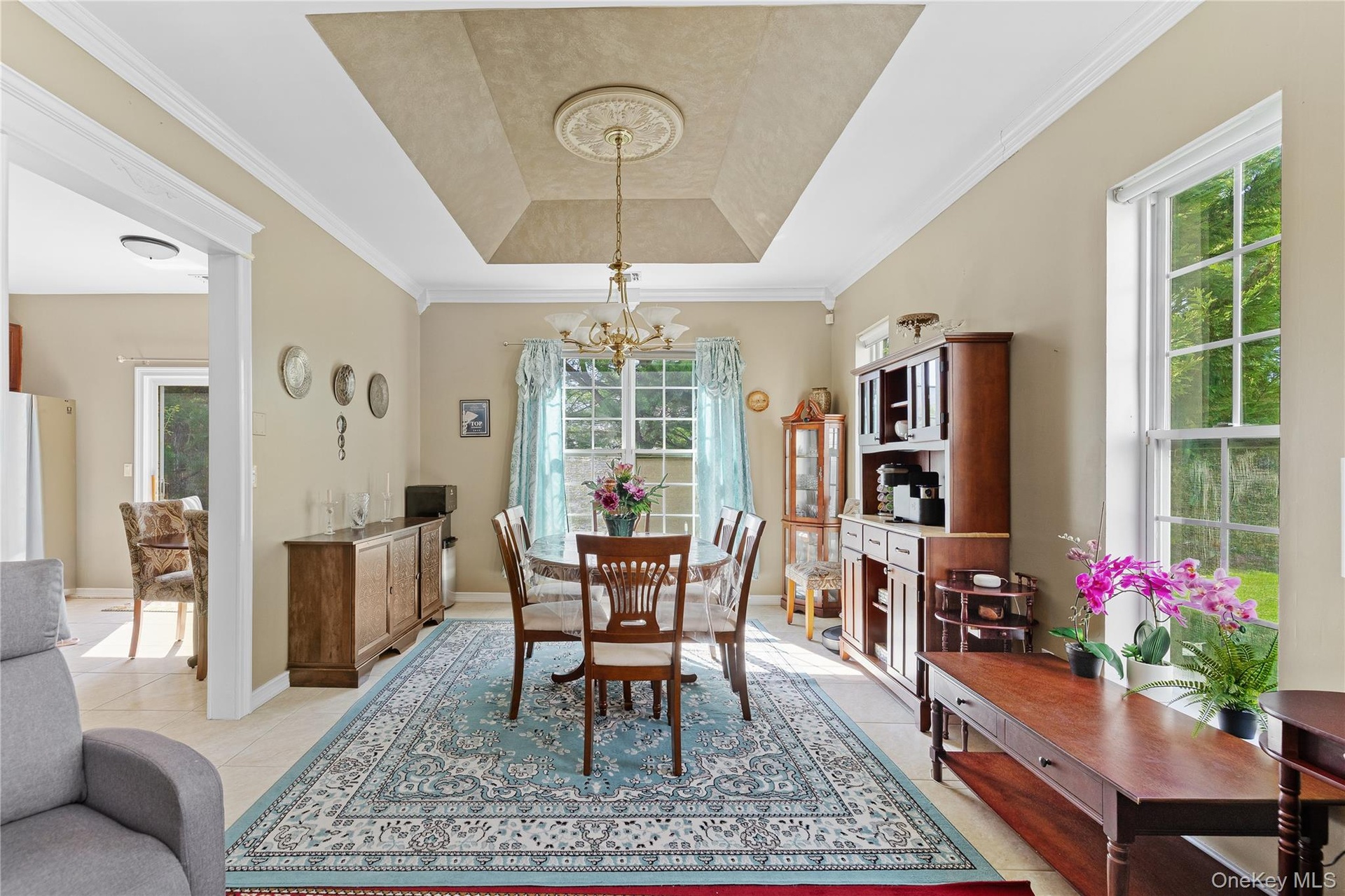 Tray ceiling with decorative medallion, chandelier lighting, and large windows