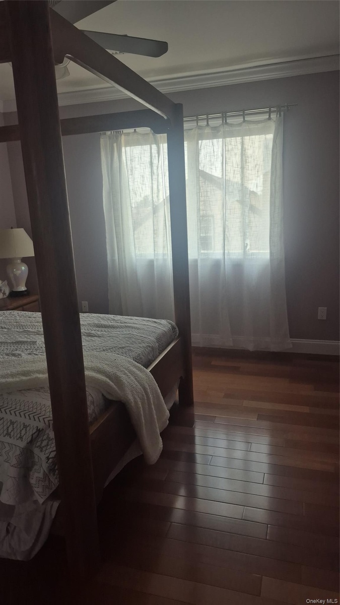 Hardwood flooring, crown molding, large window, closet and a ceiling fan