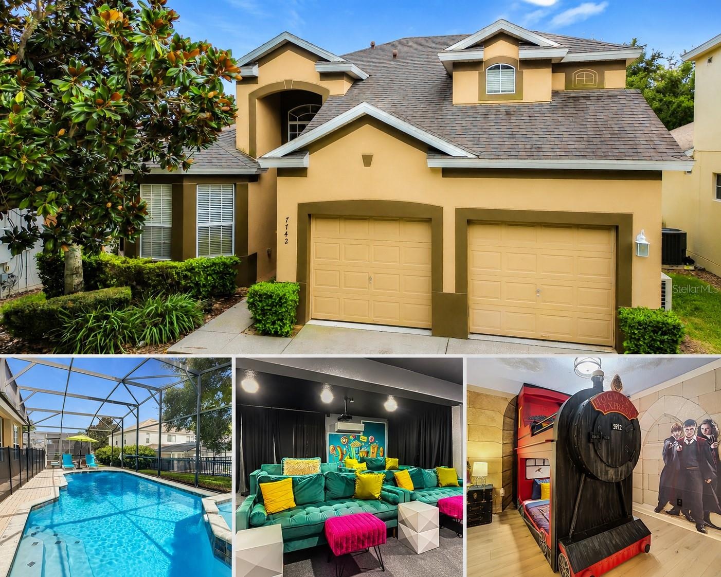 Featured property collage highlighting the exterior, private pool, theater, and themed bedroom.