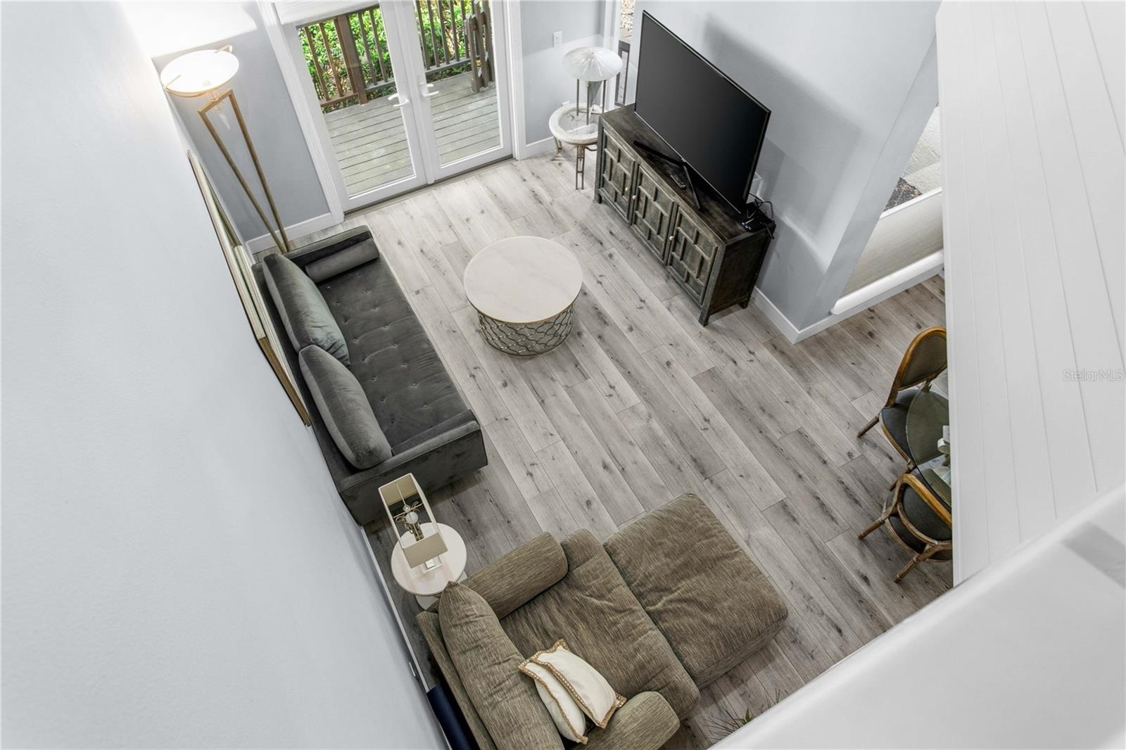 Looking down onto the spacious living room.