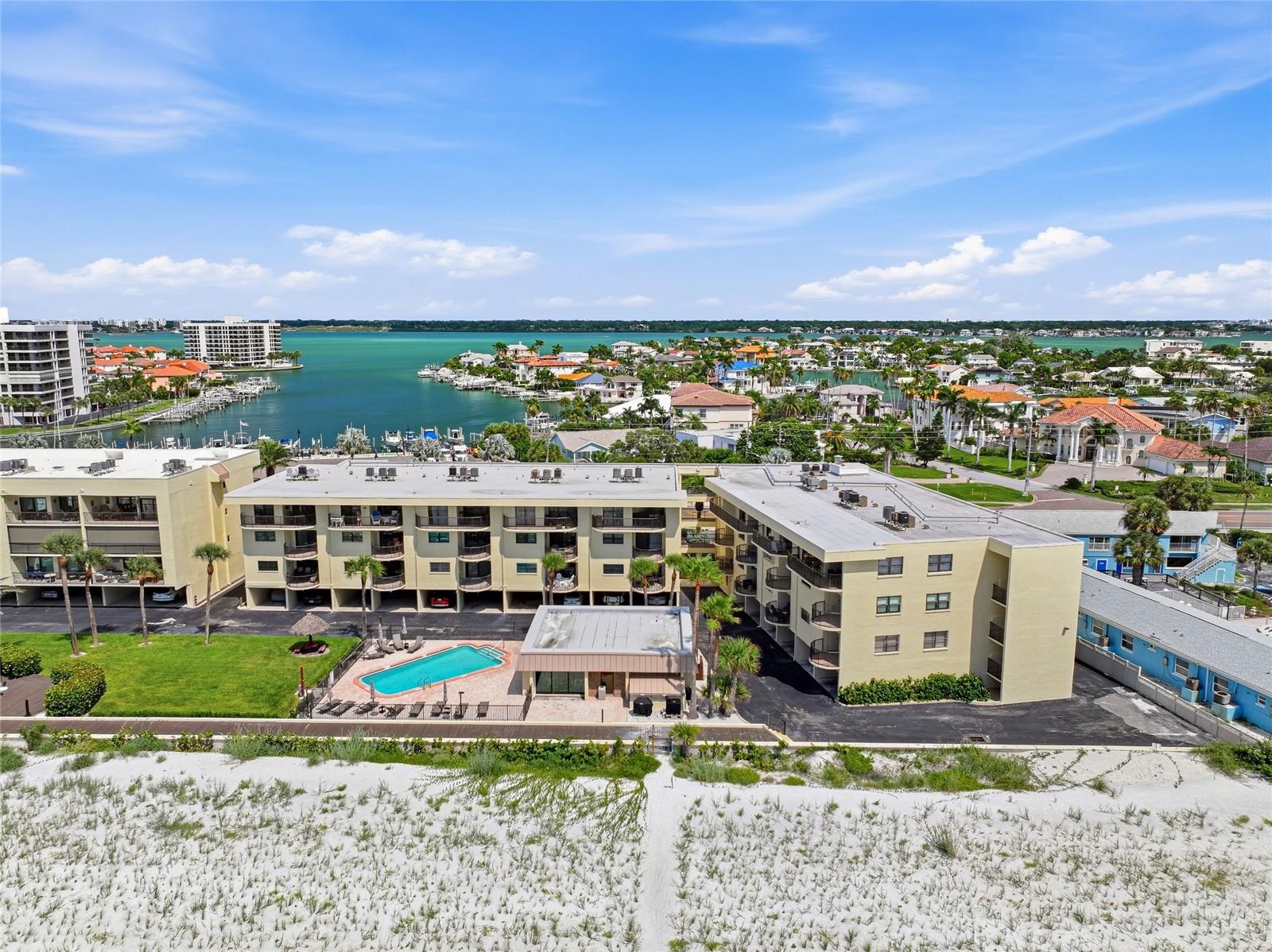 Aerial view of building from bay side